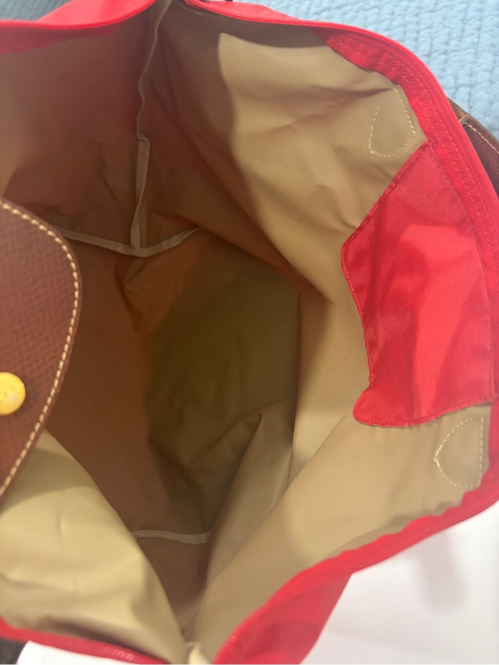 Longchamp Le Pliage Red Nylon Tote Bag with Brown Leather Trim Handle - Picture 8 of 13